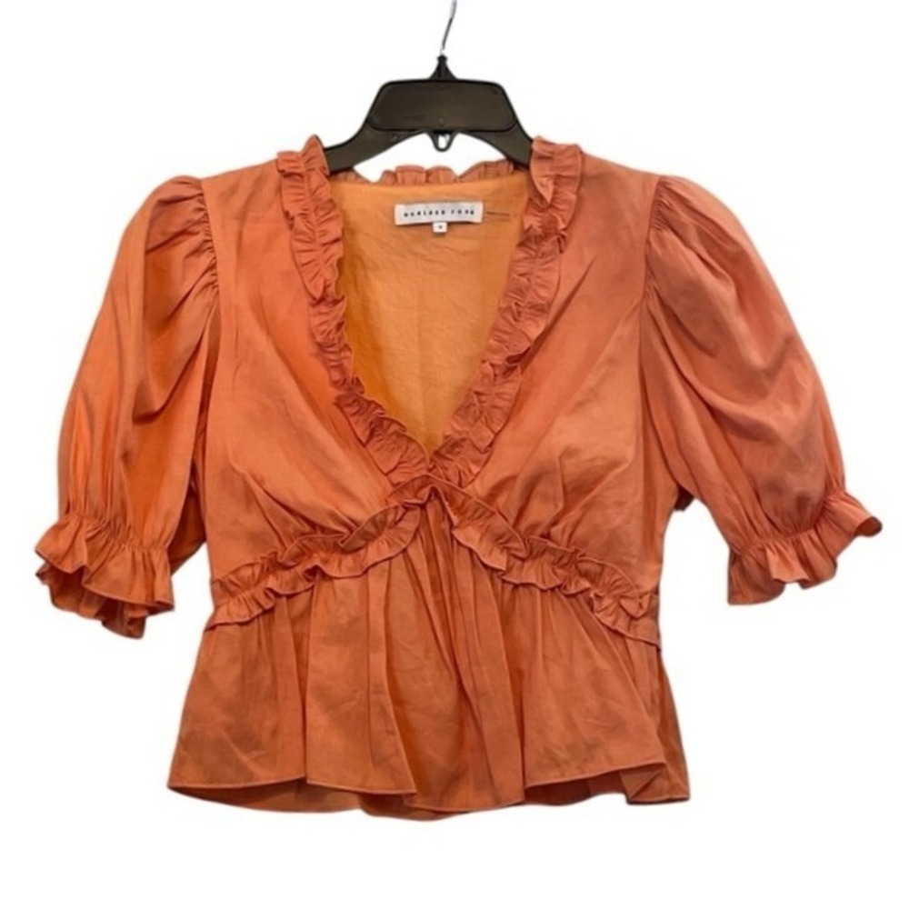 Endless Rose Peplum Top S Orange Womens‎ Ruffle V-Neck Puff Sleeve Excellent